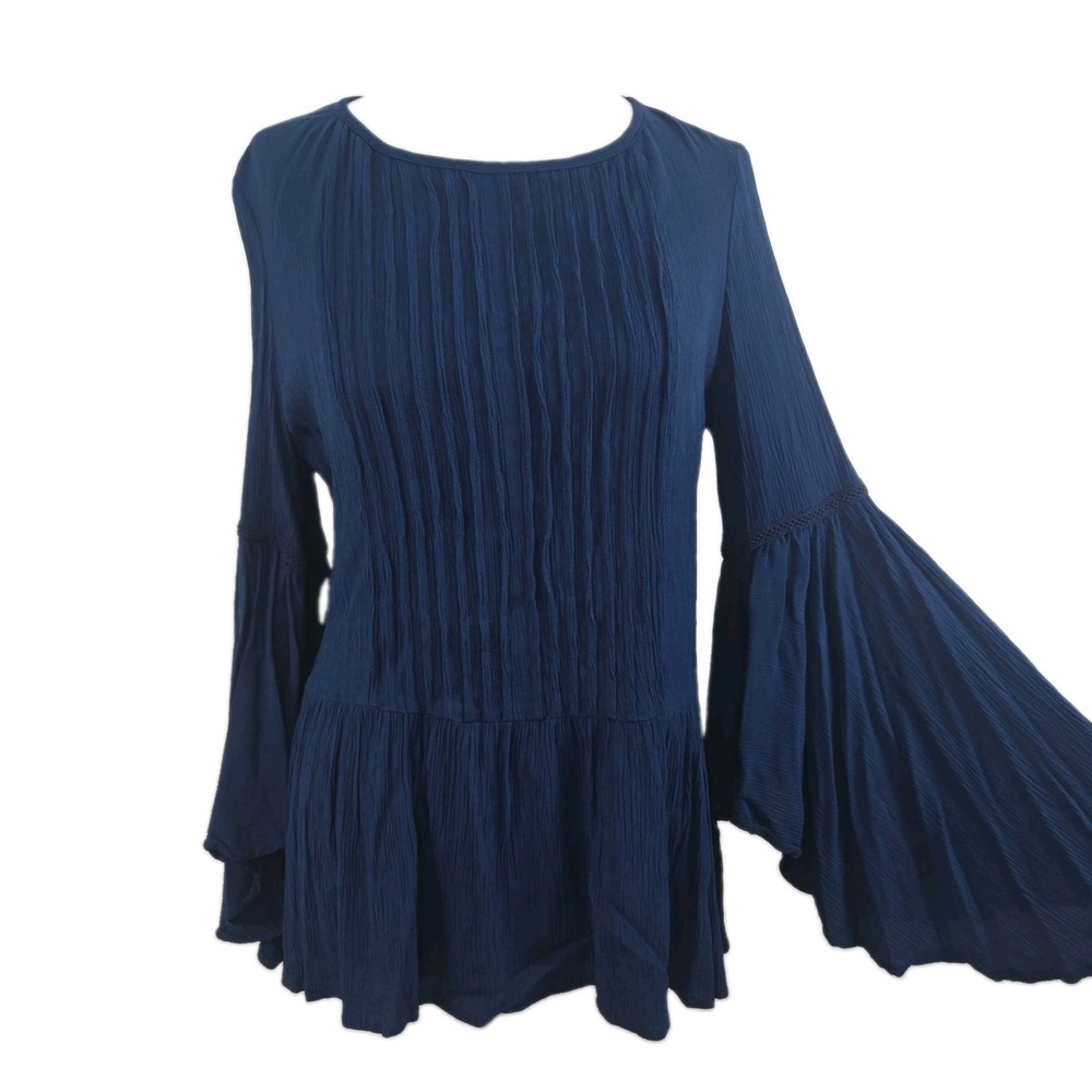 DG2 By Diane Gilman Small Blue Gauzi‎ Bat Sleeve Pintock Peplum Blouse Top